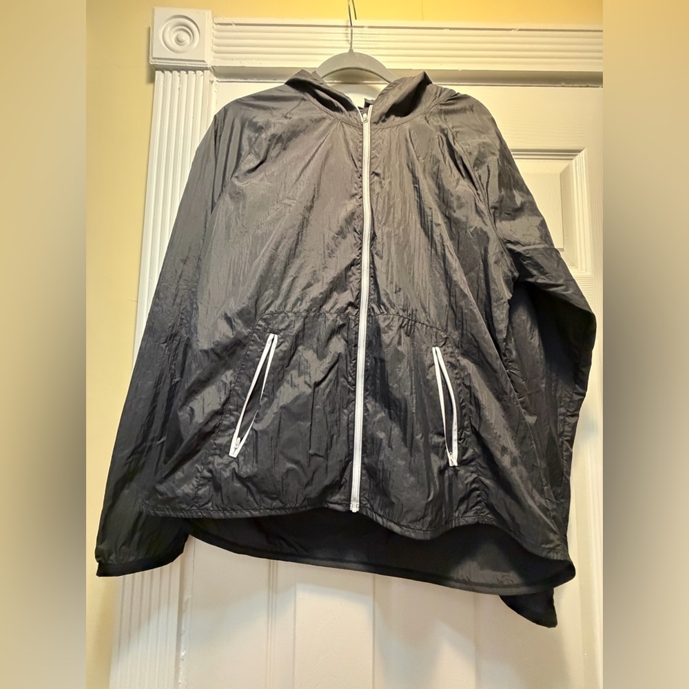 Athleta Black Hooded Windbreaker with White Trim